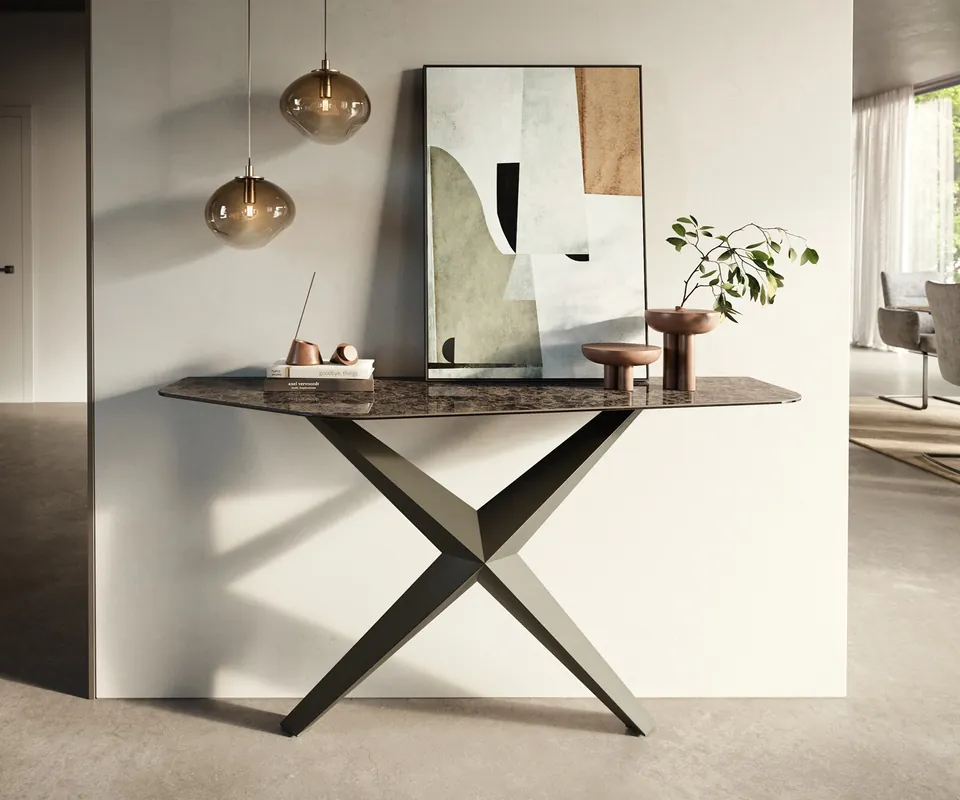 Konsolentisch Edge Polygonal 140x50 cm Keramik Emperador Extra Lucidato Dunkelbraun Zentharo Metall Effektfinish Titan Direkt Vom Hersteller