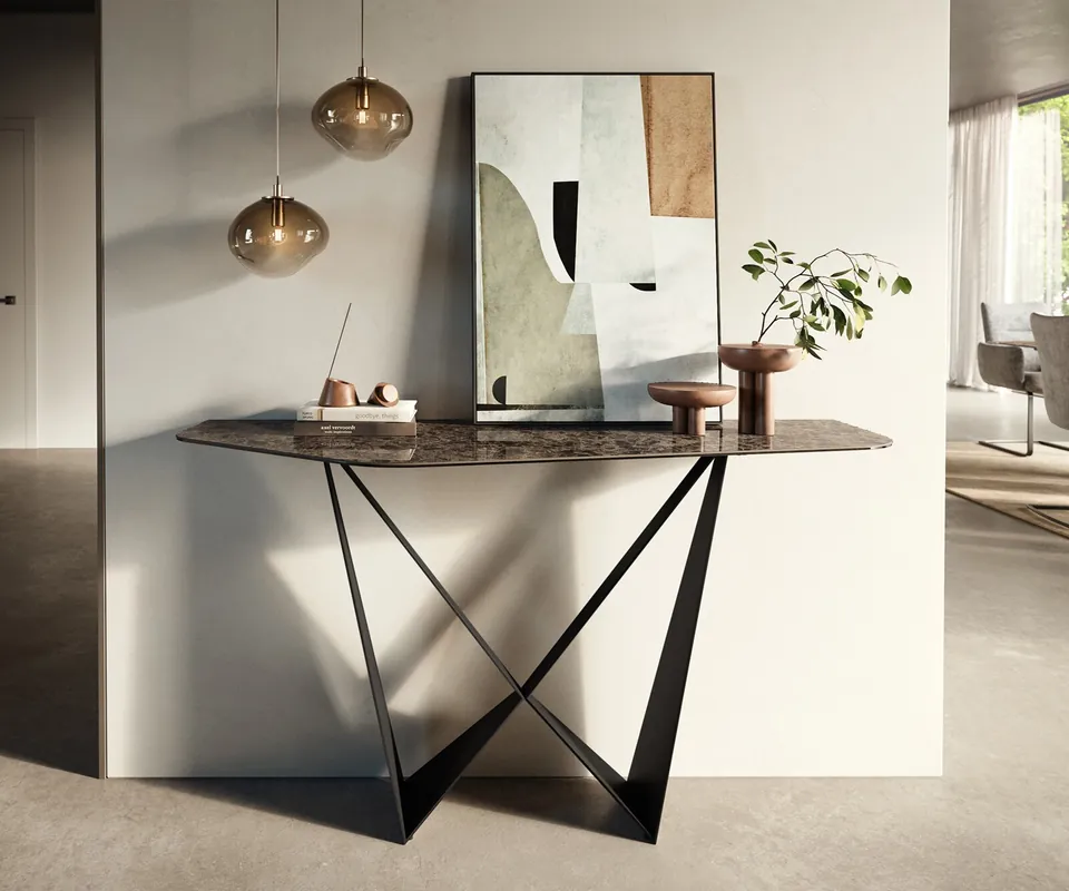 Konsolentisch Edge Polygonal 140x50 cm Keramik Emperador Extra Lucidato Dunkelbraun Spios Metall Schwarz Mega-Angebot