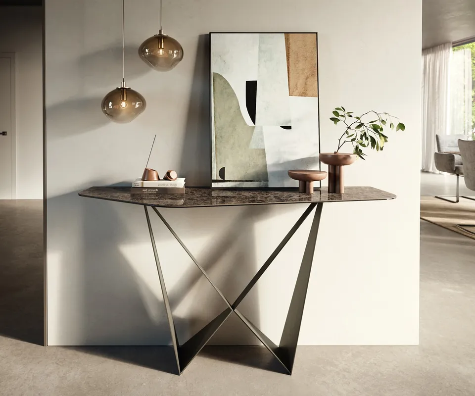 Konsolentisch Edge Polygonal 140x50 cm Keramik Emperador Extra Lucidato Dunkelbraun Spios Metall Effektfinish Titan Jetzt Kaufen