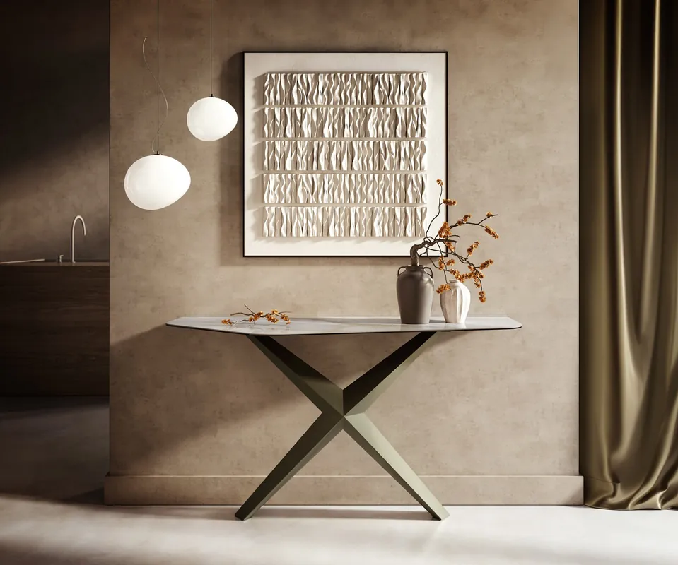 Konsolentisch Edge Polygonal 140x50 cm Keramik Onyx Pearl Zentharo Metall Effektfinish Titan Direktkauf