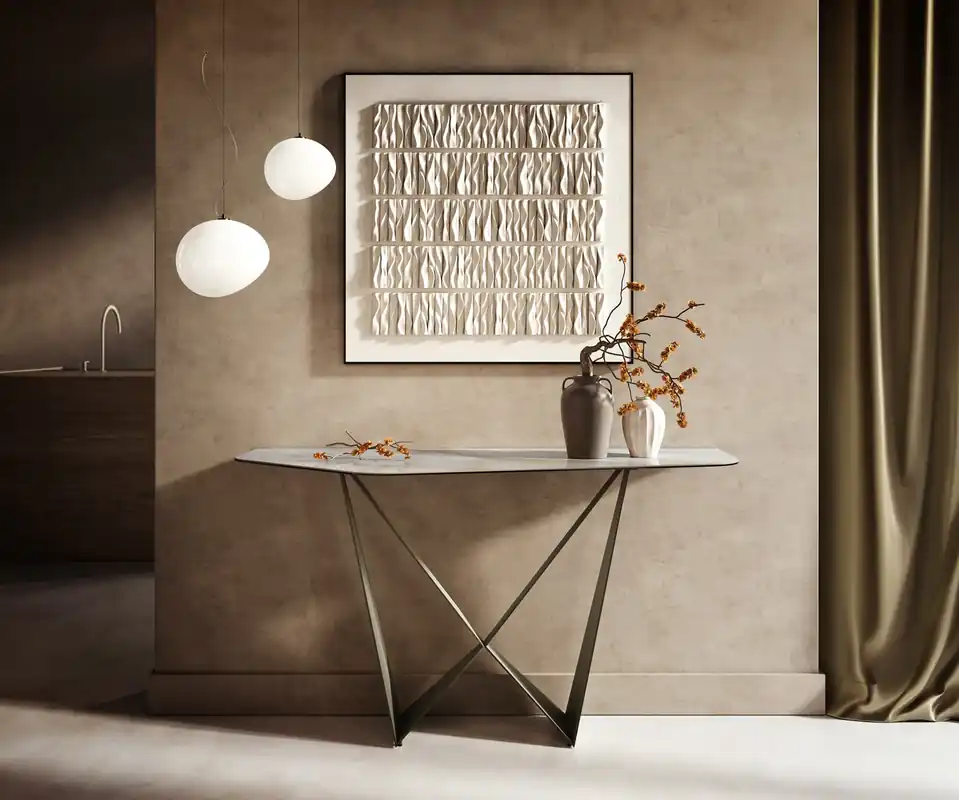 Bestseller Konsolentisch Edge Polygonal 140x50 cm Keramik Onyx Pearl Spios Metall Effektfinish Titan