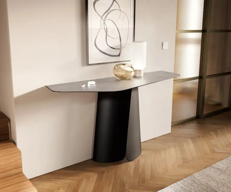 Nur Für Kurze Zeit Konsolentisch Edge Polygonal 140x50 cm Keramik Beton Grau Livos Metall Schwarz