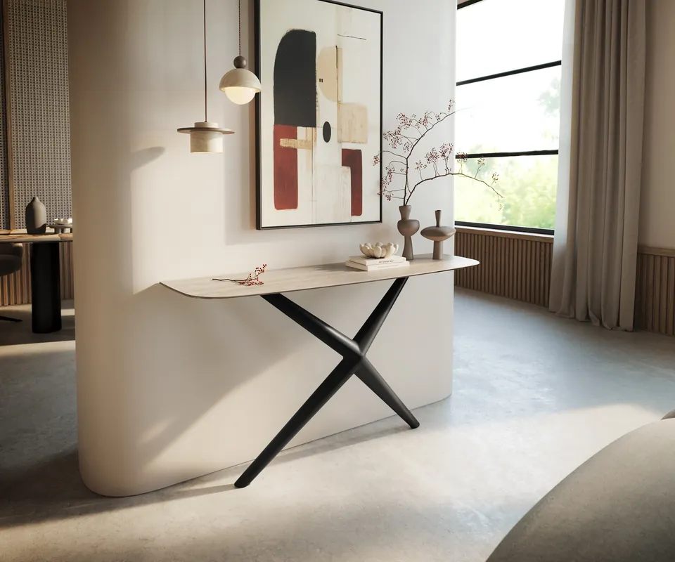 Konsolentisch Edge Boot 140x40 cm Keramik Laminam® Travertino Bianco Creme-Weiß Estelo Metall Schwarz Neuheit
