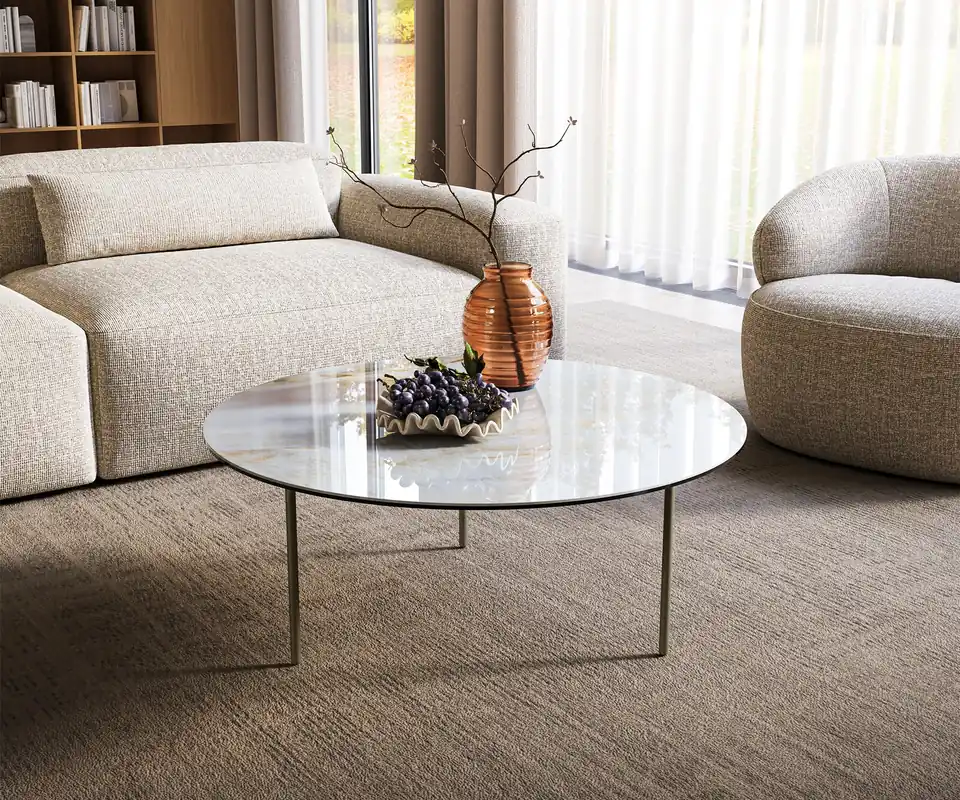 Sale Couchtisch Edge Rund 90x90 cm Keramik Onyx Pearl Trive Metall Effektfinish Titan
