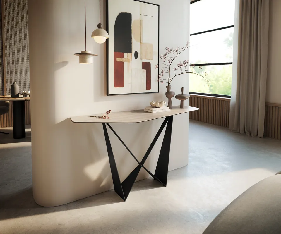 Konsolentisch Edge Polygonal 140x50 cm Keramik Laminam® Travertino Bianco Creme-Weiß Spios Metall Schwarz Neu