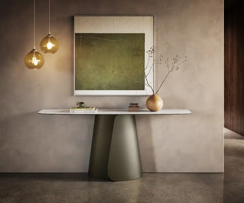 Günstig Konsolentisch Edge Boot 180x40 cm Keramik Onyx Pearl Livos Metall Effektfinish Titan