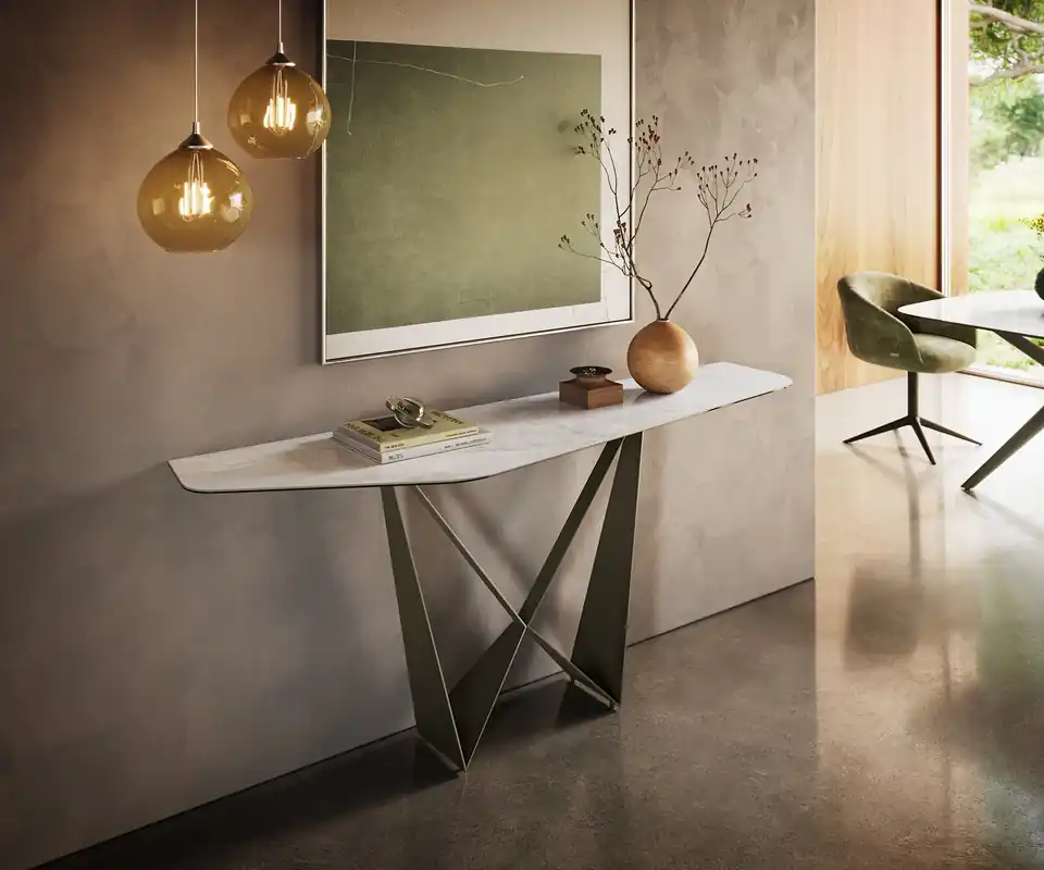 Top-Angebot Konsolentisch Edge Polygonal 180x50 cm Keramik Onyx Pearl Spios Metall Effektfinish Titan