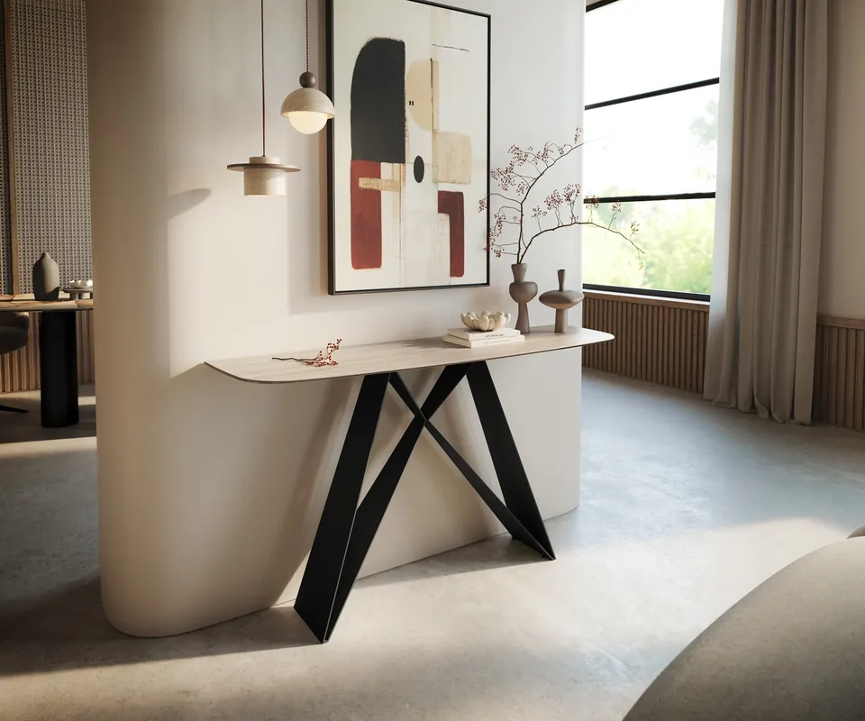 Expressversand Konsolentisch Edge Boot 140x40 cm Keramik Laminam® Travertino Bianco Creme-Weiß Velio Metall Schwarz