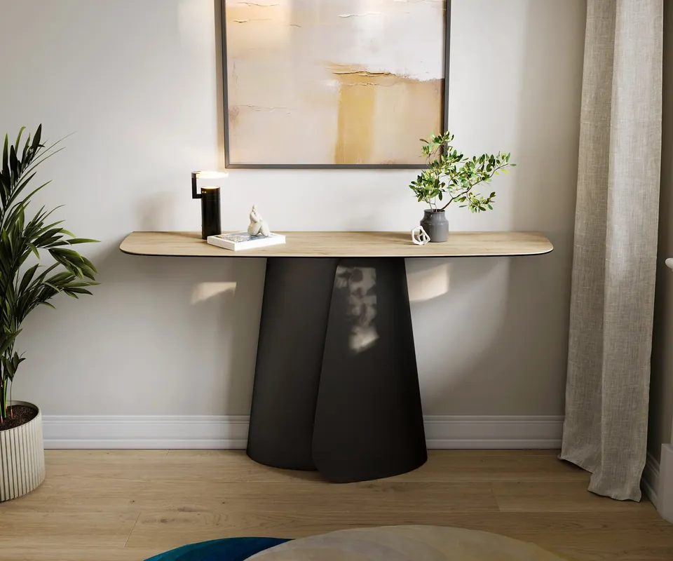 Billig Konsolentisch Edge Boot 140x40 cm Keramik Laminam® Sabbia Eichefarbig Livos Metall Schwarz