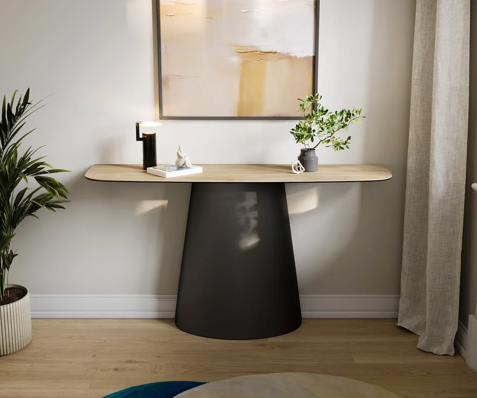 Konsolentisch Edge Boot 140x40 cm Keramik Laminam® Sabbia Eichefarbig Conos Metall Schwarz Preiswert