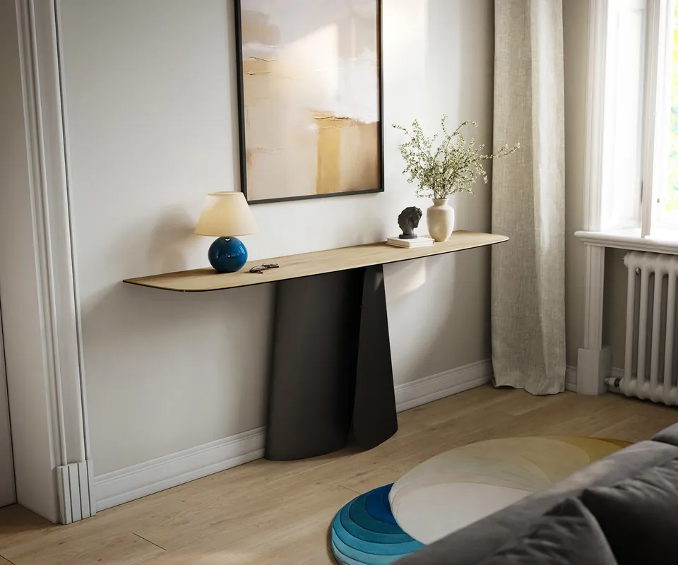 Konsolentisch Edge Boot 180x40 cm Keramik Laminam® Sabbia Eichefarbig Livos Metall Schwarz Markenware