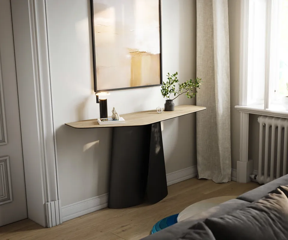 Konsolentisch Edge Polygonal 140x50 cm Keramik Laminam® Sabbia Eichefarbig Livos Metall Schwarz Markenprodukt