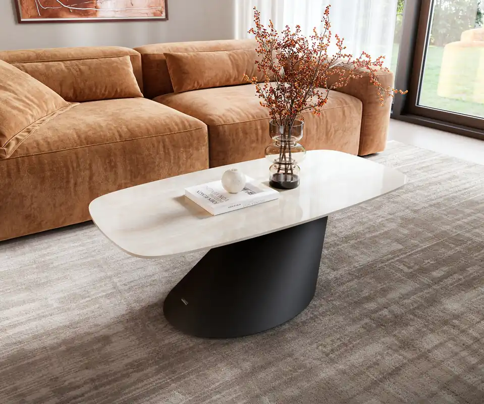 Couchtisch Edge Boot 100x50 cm Keramik Onyx Champagne Conis Metall Schwarz Sonderaktion