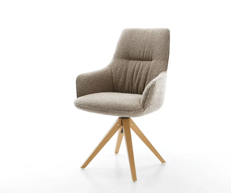Drehstuhl Zelia-Flex mit Armlehnen Bouclé Schlamm Holzgestell kantig Natur 180° drehbar Taschenfederkern Knallerangebot