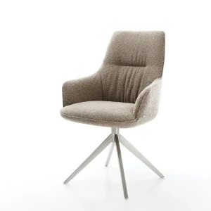 Begrenztes Angebot Drehstuhl Zelia-Flex mit Armlehnen Bouclé Schlamm Kreuzgestell breit Edelstahl 360° drehbar Wippfunktion Taschenfederkern