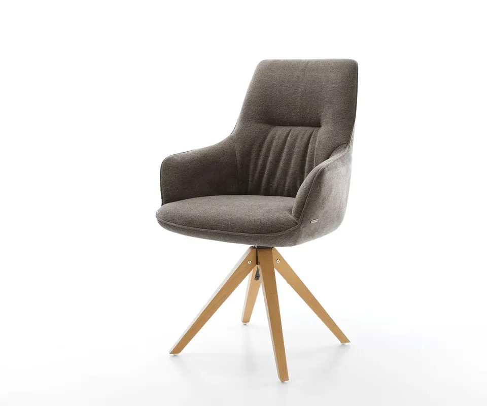 Drehstuhl Zelia-Flex mit Armlehnen Strukturstoff Soft Taupe Holzgestell kantig Natur 180° drehbar Taschenfederkern Neu Im Sortiment