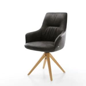 Bestpreis Drehstuhl Zelia-Flex mit Armlehnen Mikrofaser Anthrazit Vintage Holzgestell kantig Natur 180° drehbar Taschenfederkern