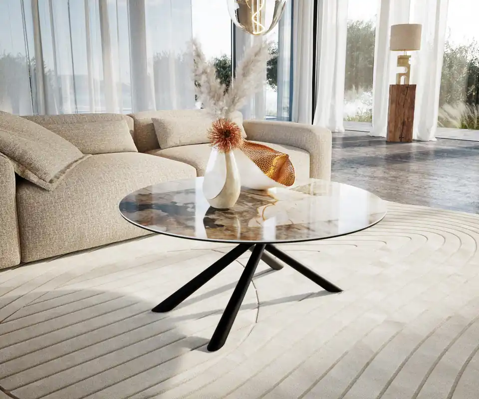 Schnäppchen Couchtisch Edge Rund 100x100 cm Keramik Patagonia Poliert Sarity Metall Schwarz