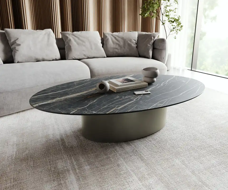 Top-Preis Couchtisch Casilda 150x90 cm Keramik Laminam®Noir Desir Braun Mittelfuß Effektfinish Titan