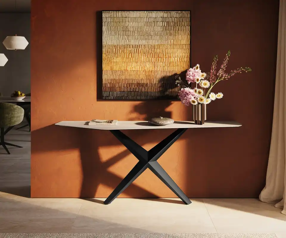 Schnäppchen Konsolentisch Edge Polygonal 180x50 cm Keramik Laminam® Travertino Bianco Creme-Weiß Zentharo Metall Schwarz