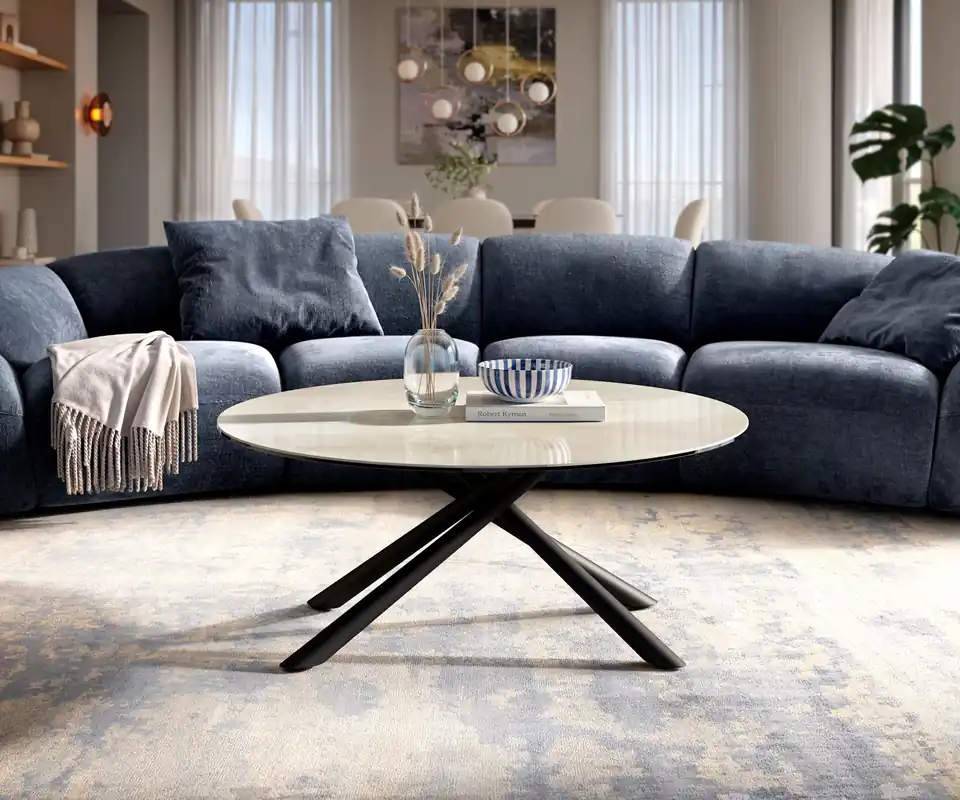 Couchtisch Edge Rund 100x100 cm Keramik Onyx Champagne Sarity Metall Schwarz Markenware