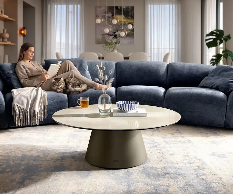 Preisknaller Couchtisch Edge Rund 100x100 cm Keramik Onyx Champagne Borna Effektfinish Titan