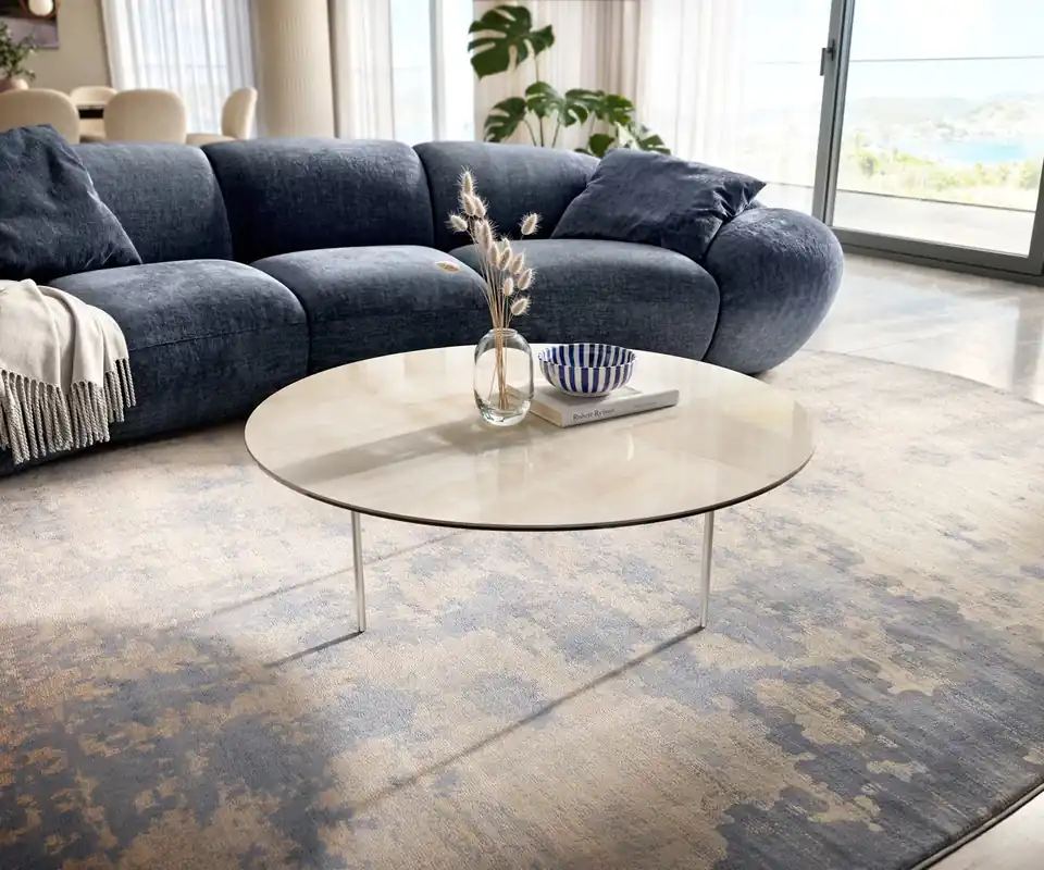 Aktuell Couchtisch Edge Rund 100x100 cm Keramik Onyx Champagne Trive Edelstahl gebürstet