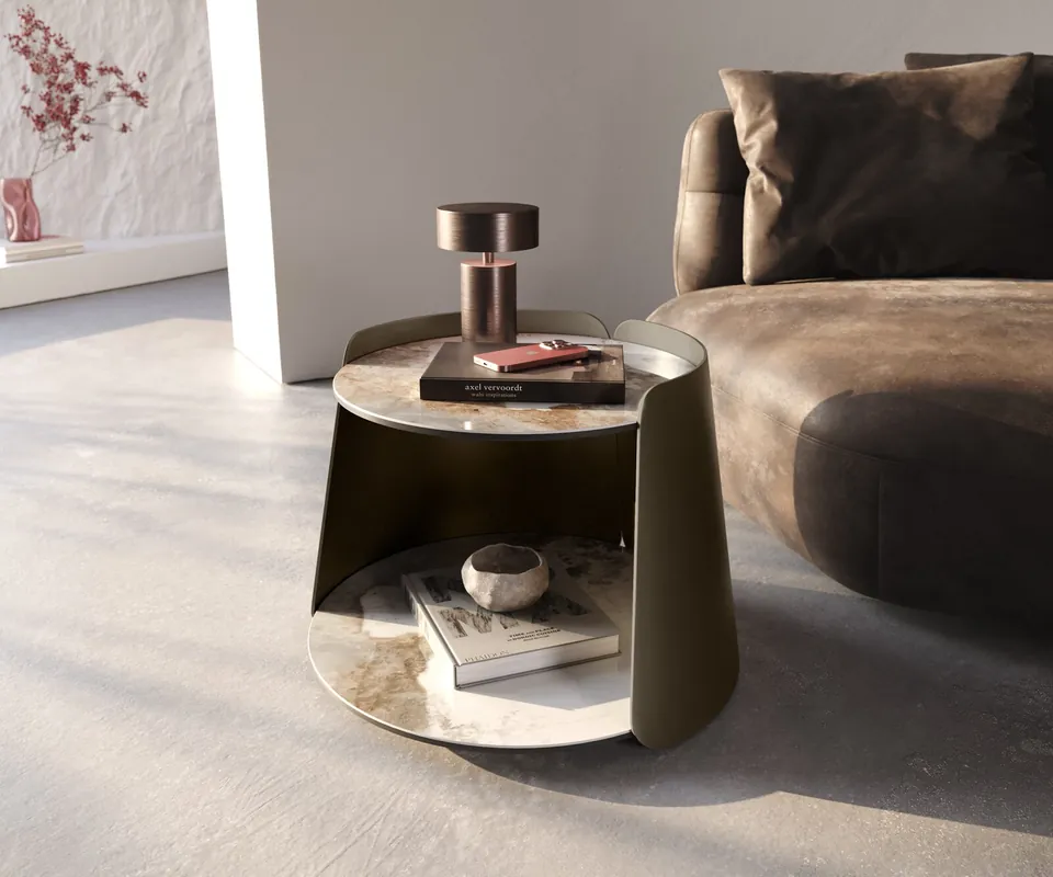 Neu Couchtisch Daban 59x59 cm Keramik Minas Melange Weiß-Beige Gestell Metall Titanfarbig
