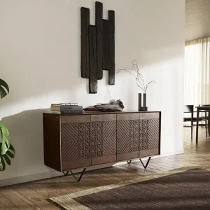 Bestseller Sideboard Manjula 145 cm Mango Braun 4 Türen V-Fuß Metall Schwarz