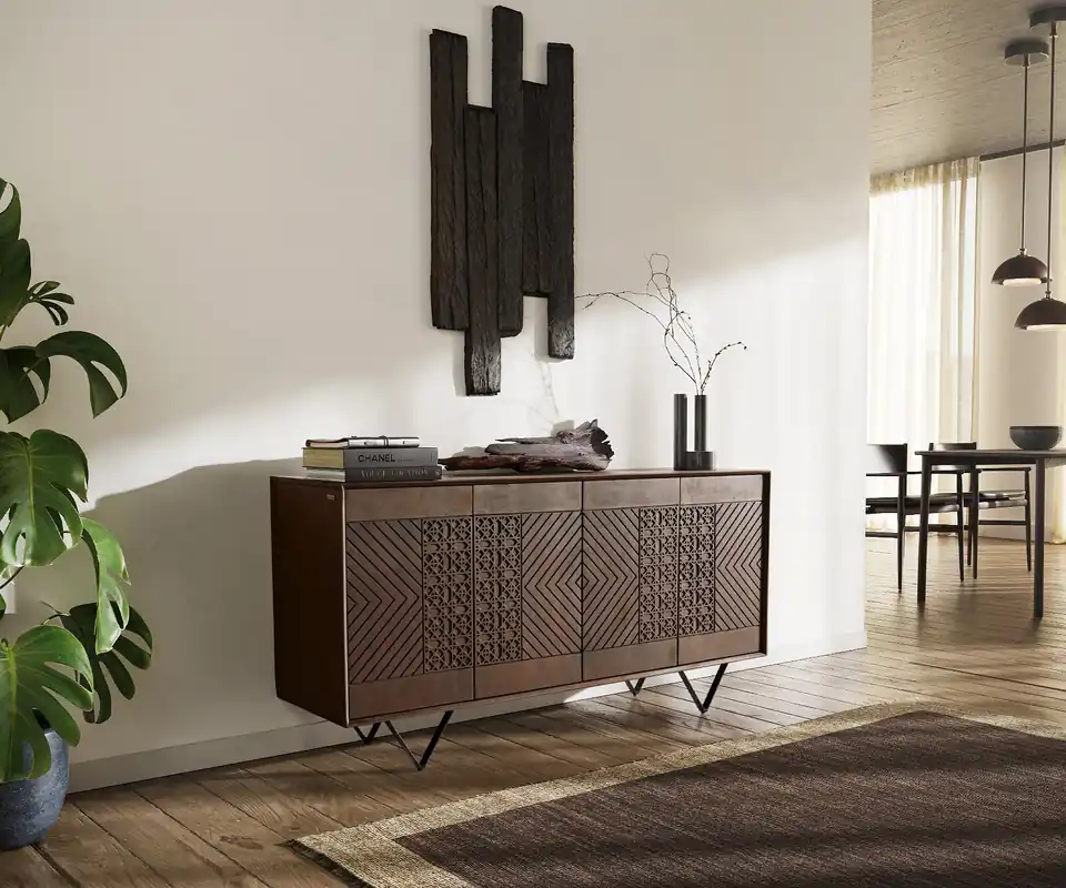 Bestseller Sideboard Manjula 145 cm Mango Braun 4 Türen V-Fuß Metall Schwarz