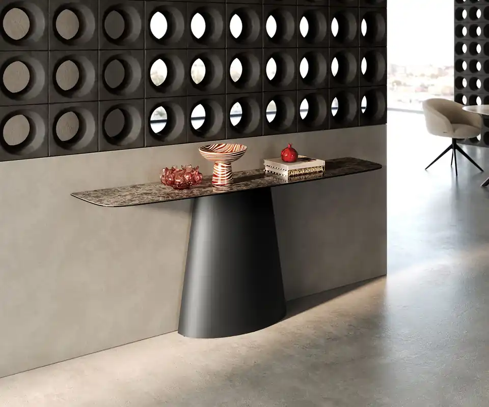 Konsolentisch Edge Boot 180x40 cm Keramik Emperador Extra Lucidato Dunkelbraun Conos Metall Schwarz Neue Ware