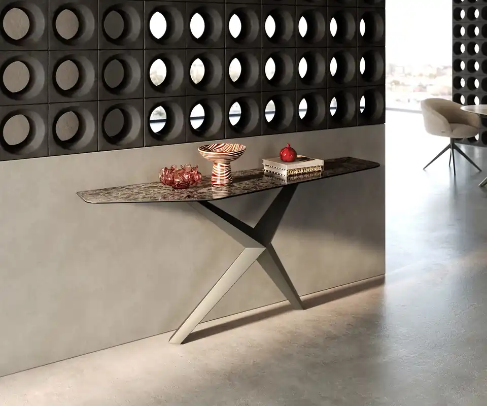 Echt Konsolentisch Edge Polygonal 180x50 cm Keramik Emperador Extra Lucidato Dunkelbraun Zentharo Metall Effektfinish Titan