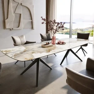 Aktuell Esstisch Edge Boot 300x120 cm Keramik Minas Melange Weiß-Beige Estelar rund Metall Schwarz