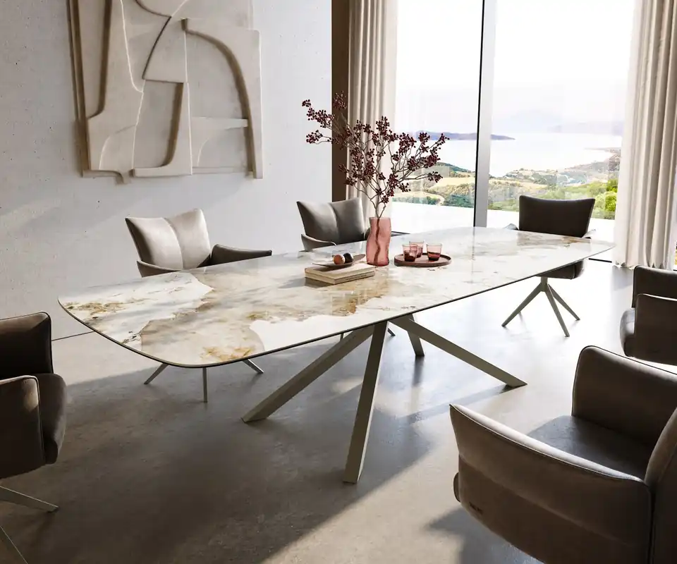 Kracherpreis Esstisch Edge Boot 300x120 cm Keramik Minas Melange Weiß-Beige Kreuzgestell Rechteck Effektfinish Titan